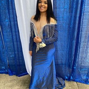 Iridescent Royal Blue Open Back Bowtied Prom Dress